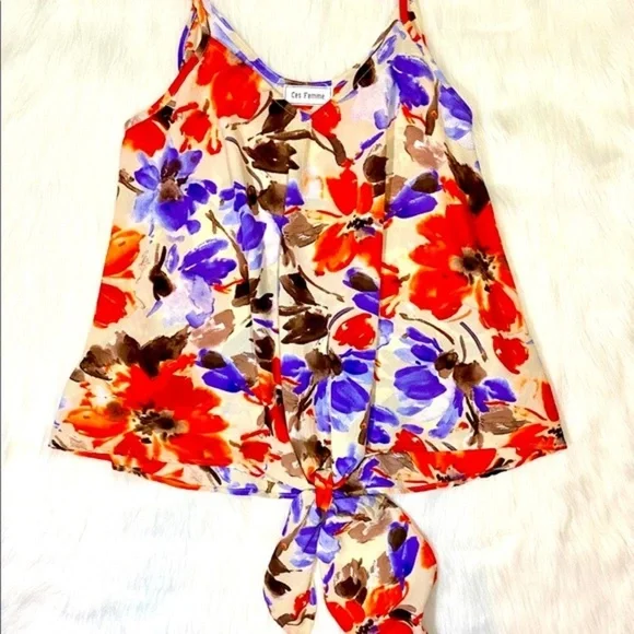 Tie Front Top Tank Floral Print V-neck Pat… - Picture 2 of 11